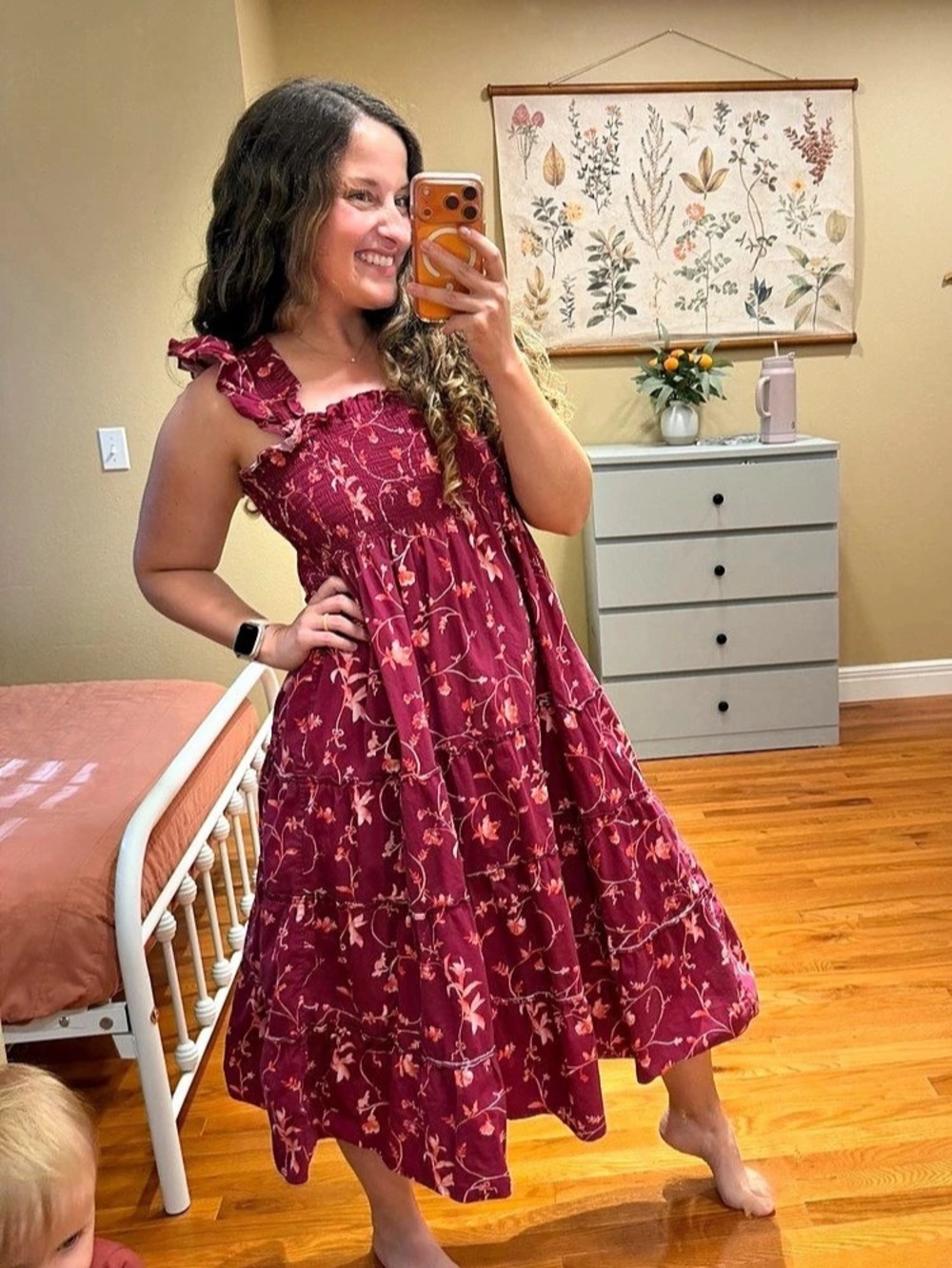 Hill House The Ellie Nap Dress Floral Midi Dress Size Burgundy Medium